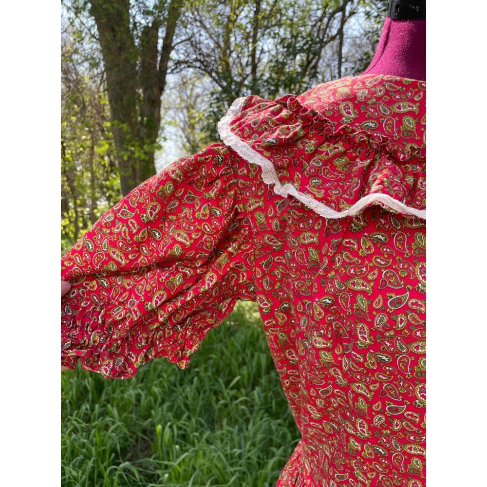 Vintage 1970s Peasant Maxi Dress Burgundy Cotton Paisley Flare - Picture 6 of 16